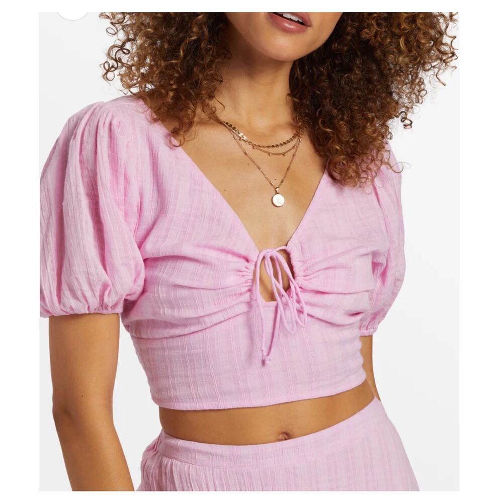 NWT BILLABONG Pink 100% Cotton Heart Puff Sleeve Crop Top Size M